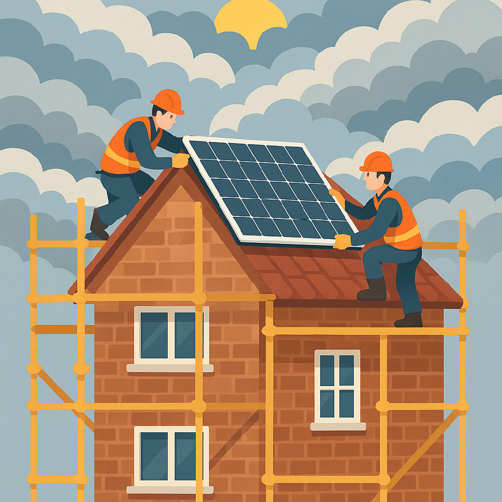 A photo of certified installers safely working on a rooftop, fitting solar panels for a UK home.